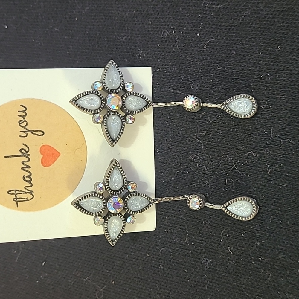 Floral Aurora Borealis and Druzy Stone Dangling Earrings